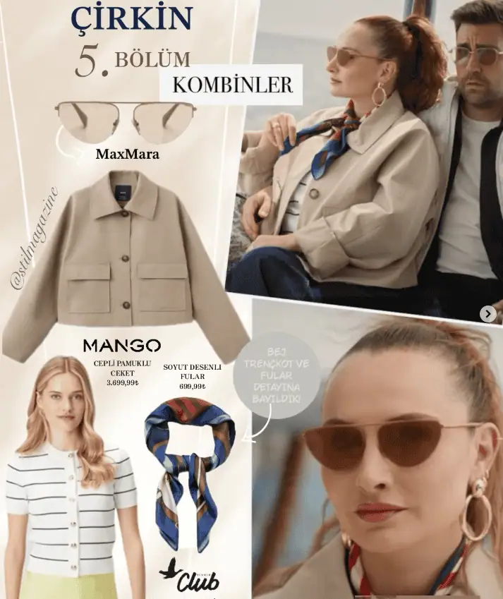 3 Mayıs Çirkin dizisi 6.bölüm kıyafetleri Lale fular ceket güneş gözlüğü sponsor markalar