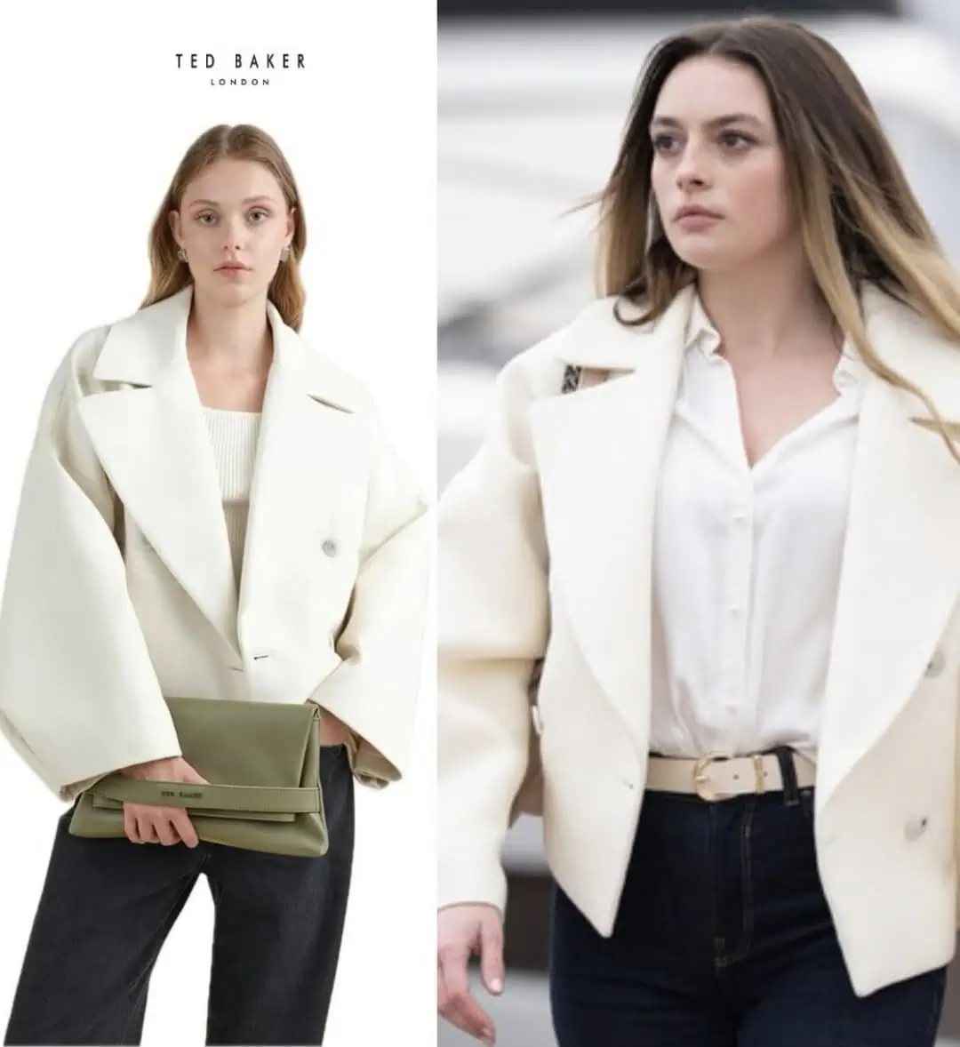 Melis Sezen Delikanlı 2. bölüm Hazan kombinleri giydiği beyaz renkli ceket kaban